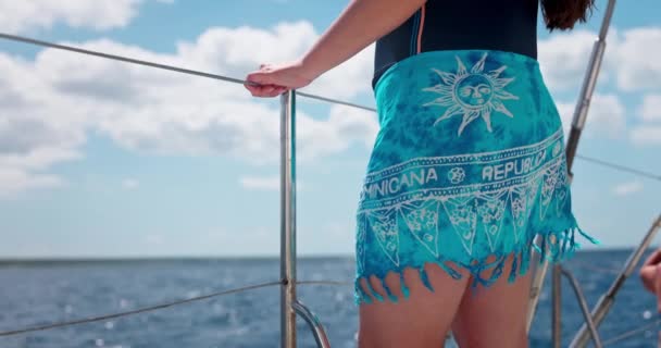 Sexy Woman Sailing Catamaran Caribbean Sea Enjoying Wild Tropical Island — Stock Video