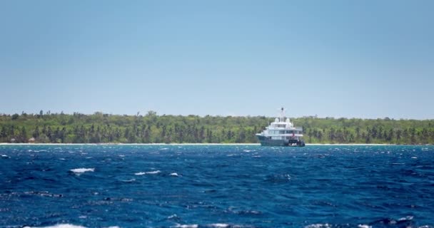 エキゾチックなヤシの木の海岸と海岸近くのヨットカタマランクルーズボートを航海する熱帯野生のカリブ海の島のビーチ — ストック動画