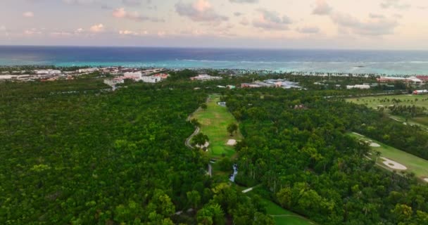 Luftaufnahme Über Luxuriöses Karibisches Resort Mit Wildem Dschungel Golfplatz Tropenstrand — Stockvideo