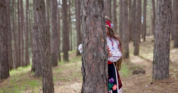保加利亚山区森林里身着民族民间刺绣服装的保加利亚女青年躲在树干后面 — 图库视频影像
