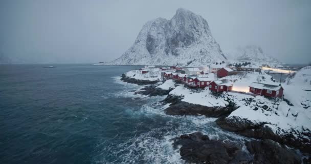 Zimní Panorama Krajiny Reine Vesnice Lofoten Ostrovy Norsko Skalnaté Pobřeží — Stock video