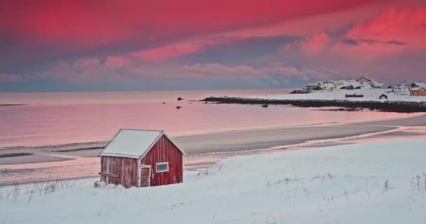 Norwegian Hut Red House Sea Shore Ramberg Lofoten Islands Norway — Vídeo de Stock