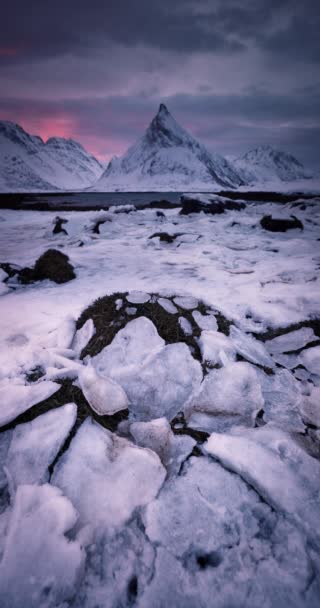 Polare Arktische Winterlandschaft Des Fredvang Gebirges Lofoten Norwegen — Stockvideo