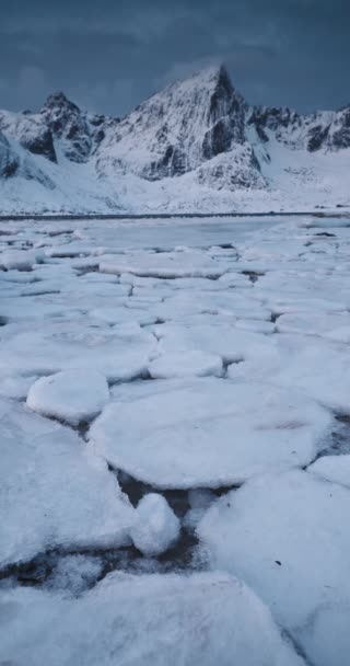挪威洛福顿岛峡湾山山峰结冰海岸岩石的垂直冬季海景 — 图库视频影像