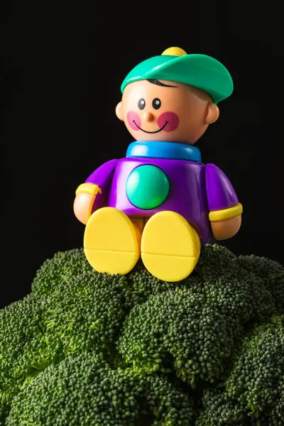 Färska Broccoli Blommor Och Plast Leksak Pojke Svart Rustik Bakgrund Stockbild