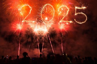 2025 yılının yeni yılı, gece gökyüzünde havai fişekler ve parti insanları kalabalık, bengal ışıltısı