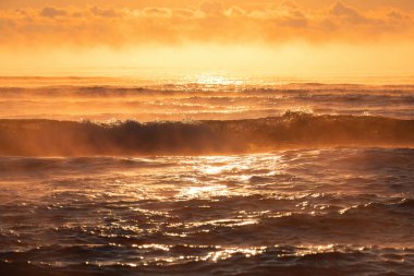 Serene Horizon 'la Okyanus Dalgalarının Üzerinde Altın Gün Doğumu