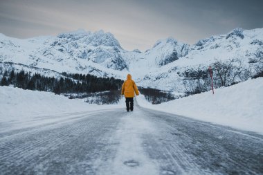 Arktik Kış Manzarası. Donmuş yolda araba izleri var. Karlı Dağ Tepeleri 'ne gidiyor.