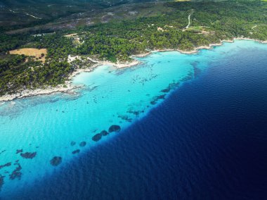 Kavourotrypes plajı Sithonia cenneti Halkidiki 'nin vahşi körfezi, hava manzarası