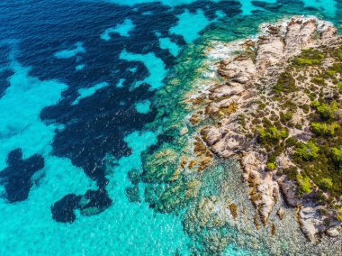 Paradise Kavourotripes Plajı, Chalkidiki, Yunanistan. Turkuaz suları olan güzel tropikal sahil manzarası.