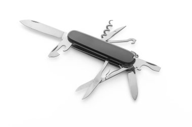 Beyaz arka planda çok fonksiyonlu ordu çakısı var.