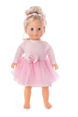 Güzel balerin bebek küçük kız Bow ve çiçek bantlı pembe Tutu giyiyor beyaz arka planda izole edilmiş.