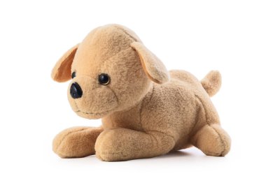 Sevimli peluş oyuncak köpek, beyaz arka planda kabarık kahverengi kürklü şirin köpek yavrusu.