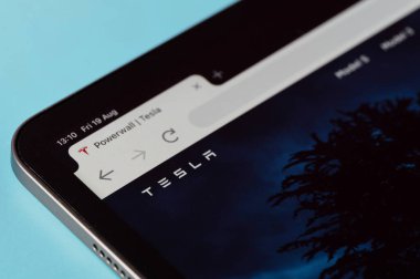 New York, ABD - 20 Ağustos 2022: Resmî Tesla web sitesi tablet tablet ekranı makrosu mavi arkaplanda yakın görünüm