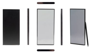 Modern akıllı telefon siyah renginin beyaz stüdyo arka planında izole edilmiş üç boyutlu görüntüsü