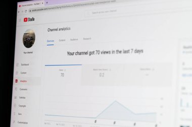 New York, ABD - 25 Nisan 2023: Laptop ekranında youtube kanalının grafik analizleri 