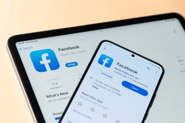 New York, ABD - 24 Ağustos 2023: Ipados 'ta Facebook uygulaması ve akıllı telefon ve ipad ekranında google mağazası