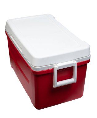 Plastik kapalı buzdolabı. Stüdyo arka planında beyaz ve kırmızı renk.