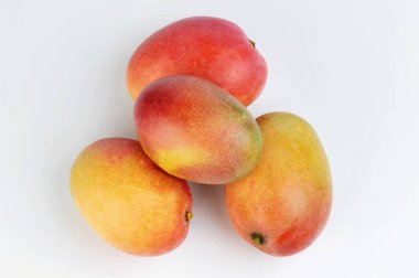 Beyaz stüdyo arka planında izole edilmiş kırmızı mango meyveleri grubu