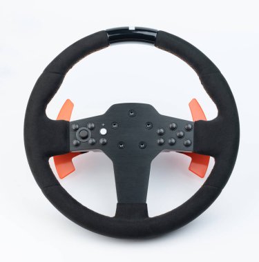 Şekil değiştiren ve devir lambalı siyah metal yuvarlak spor araba direksiyonu.