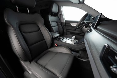 Yolcu, modern araba ve dijital gösterge panelinin deri koltuğunu deldi 