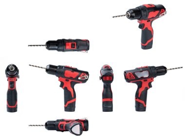 Beyaz stüdyo arka planında izole edilmiş farklı elektrik matkabı manzarası