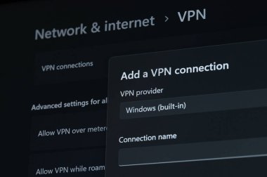 New York, ABD - 18 Nisan 2023: Bilgisayar ekranına Windows sistemine yeni VPN bağlantısı ekle