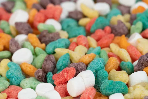 stock image Morning breakfast colourful cornflakes with marshmallow macro close up view