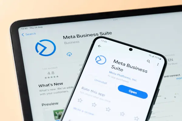 stock image New York, USA - August 24, 2023: Meta Business suite  app on Ipados and google store on smartphone and ipad screen close up view