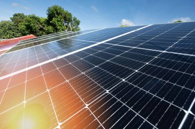 Evin çatısında mavi gökyüzü ve yeşil ağaç zemininde güneş paneli dizisi