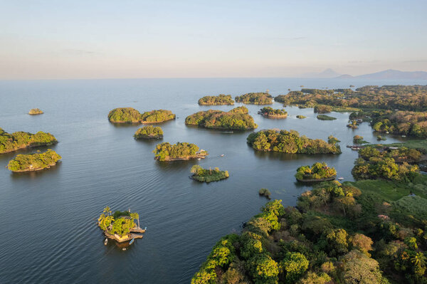 Panorama of lake islands aerial drone view in central america landscape