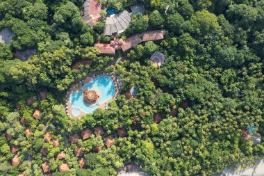 Yeşil palmiye ağacındaki otel arka plan hava aracı görüntüsü