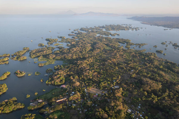 Nicaragua travel destination theme. Granada lake landscape aerial drone view