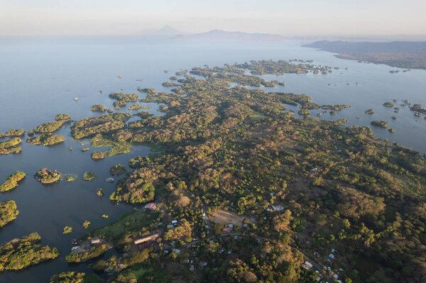 Isletas lake  with islands aerial drone view on sunset colors