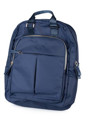 Mavi kumaş sırt çantası beyaz stüdyo arka planında izole edildi