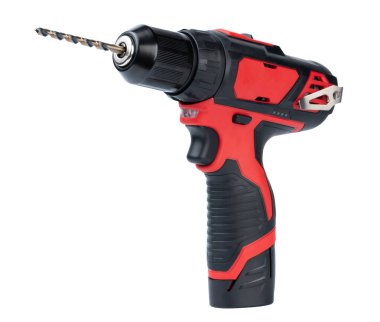 Beyaz stüdyo arka planında izole edilmiş batarya gücüyle elektrikli matkap.