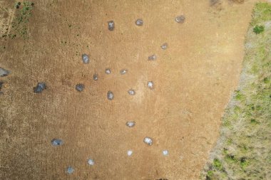 İnsansız hava aracı görüşünün üstündeki tarım sahasında yanmış çimen noktaları