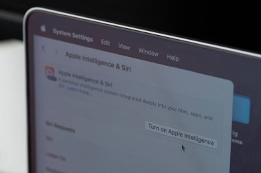 New York, ABD - 29 Ekim 2024: Macbook ekranında elma istihbaratını ve Siri servisini açın