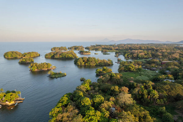 Many islands on sunset light aerial drone view in Nicaragua