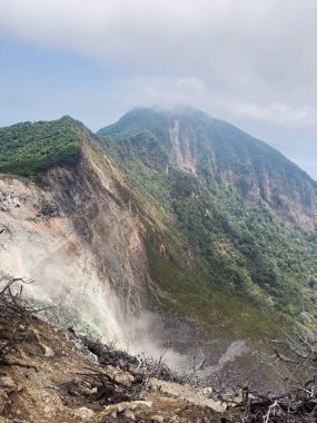 Yürüyüş için yeşil ormanı olan volkan dağı uçurumu manzarası