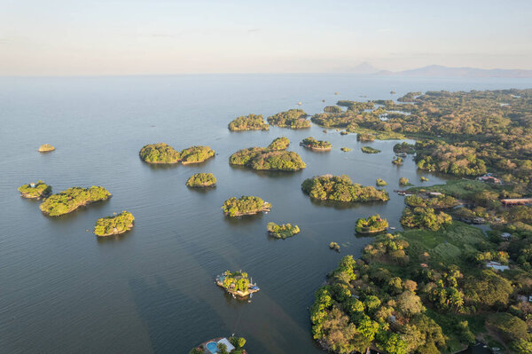 Isletas islands in Nicaragua aerial drone view on sunset time