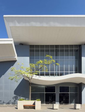 Ağaç ve büyük pencereli modern ofis girişi