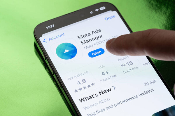 New York, USA - March 30, 2025: Opening Meta Ads manager app on smartphone screen close up view