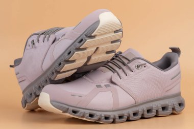 Tarafsız bej yüzeyine yerleştirilmiş modern gri spor ayakkabılar tasarımlarını ve özelliklerini gözler önüne seriyor..