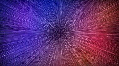 Hyperspace speed effect in night starry sky. Bright blue and red galaxy, horizontal background. 3d illustration