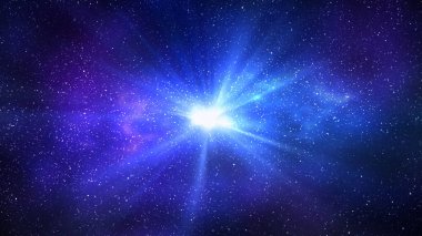 Uzayda ışık patlaması. Gece yıldızlı gökyüzü ve parlak mavi galaksi, yatay arkaplan. Samanyolu ve evrenin 3D çizimi