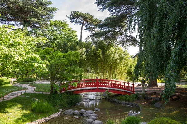 Traditional Red Wooden Bridge Japanese Garden Pond Zen Background — Foto Stock