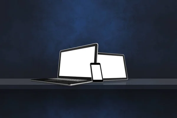 Laptop Telefon Komórkowy Tablet Cyfrowy Czarnej Półce Ściennej Poziome Tło — Zdjęcie stockowe