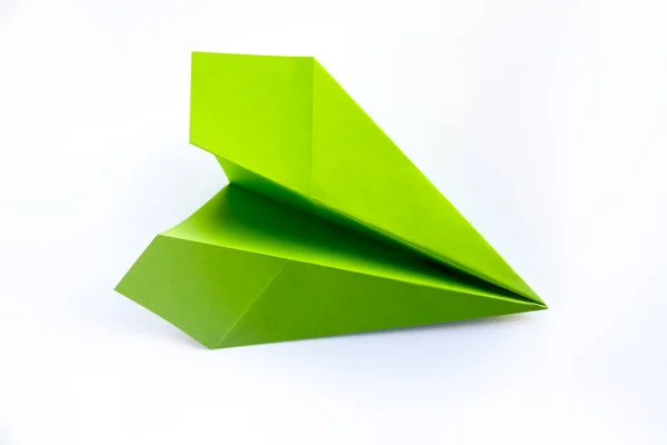 Zelený Papír Letadlo Origami Izolované Bílém Pozadí — Stock fotografie