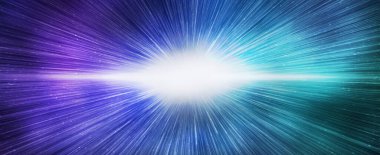 Parlak mavi gökada gökyüzünde büyük patlama etkisi, yatay afiş. 3d illüstrasyon